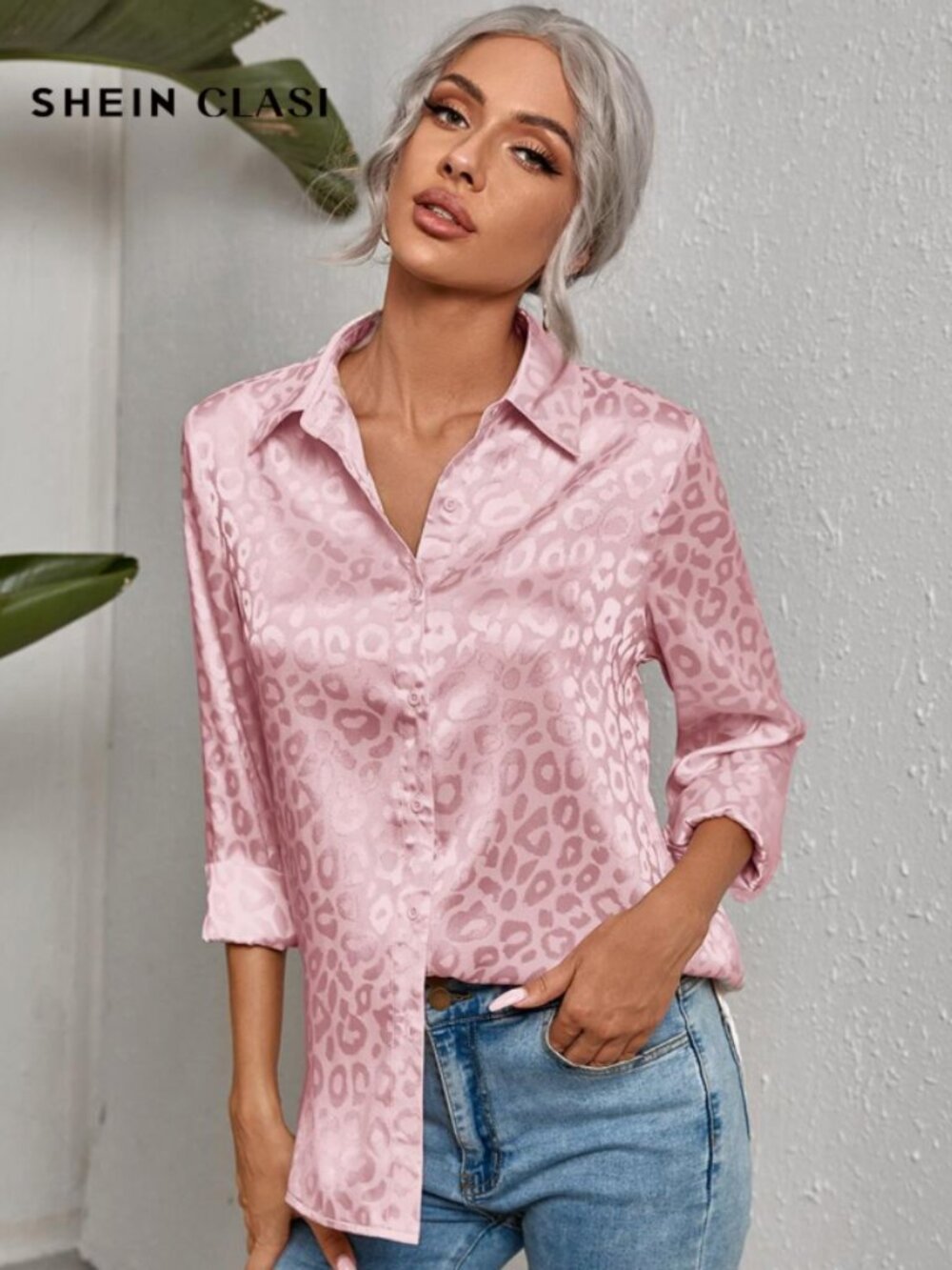 SHEIN Clasi Leopard Jacquard Satin Blouse,Long Sleeve Tops